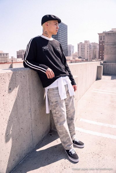 Trendyol Collection Black Oversize/Wide Cut Printed Stripe Detailed Sweatshir...