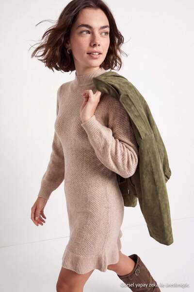 Trendyol Collection Stone Plain Short / Mini Ruffle High Neck Knitwear Dress ...
