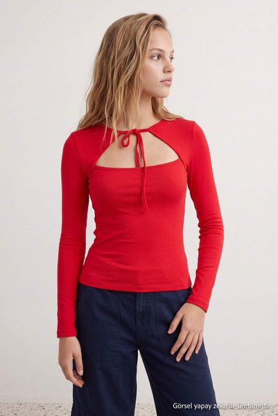Trendyol Collection Red Fitted Keyhole Collar Viscose Ribbed Knitted Blouse T...