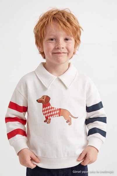 TRENDYOLKIDS Ecru Girls/Boys Cotton Printed Polo Collar Knitted Sweatshirt Tk...