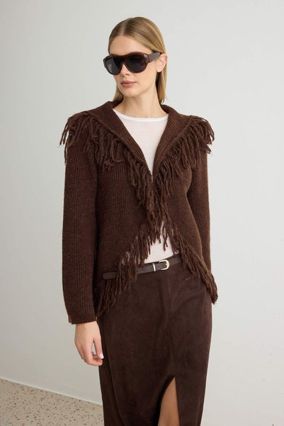 Trendyol Collection Brown Soft Textured Shepherd Buttoned Knitwear Cardigan T...
