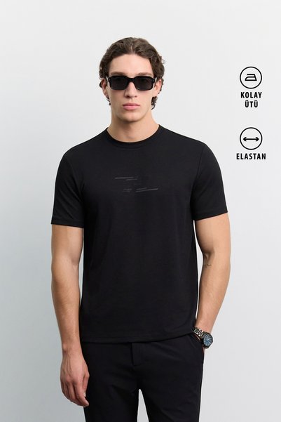 Avva Tricou negru pentru bărbați, cu gât crew, imprimat, din amestec de visco...