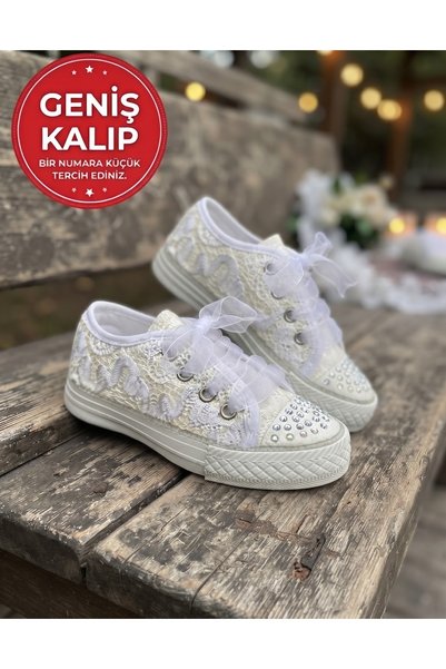 pediashoes KIZ ÇOCUK BEYAZ RENK TAŞLI BAĞCIKLI SÜSLÜ ŞIK ABİYE SPOR AYAKKABI