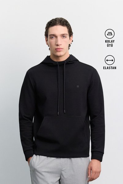 Avva Men's Black Hooded Easy-Iron Interlock Regular Fit Sweatshirt B001034