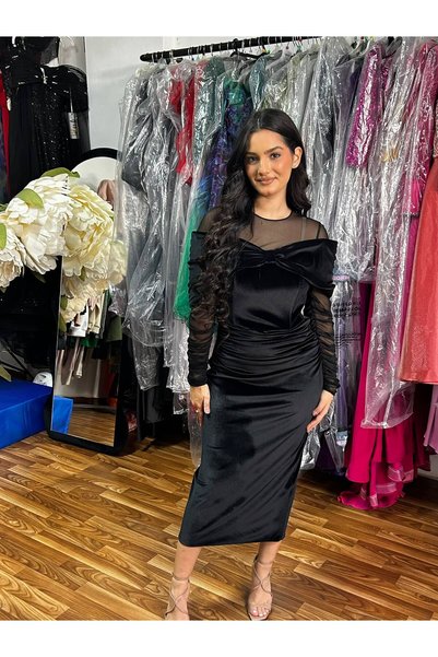 Sienna Fashion Rochie midi din catifea eleganta cu maneci transparente