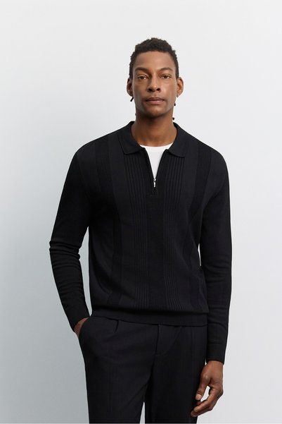 Avva Men's Black Polo Collar Zippered Front Jacquard Long Sleeve Regular Fit ...