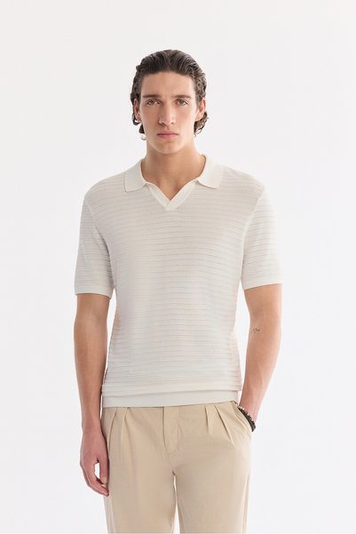Avva Men's Ecru Polo Collar Buttonless Textured Knitwear Regular Fit T-Shirt ...