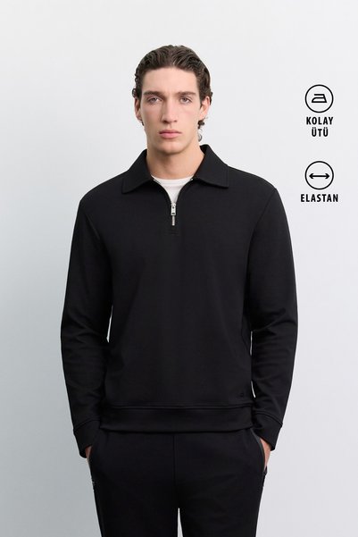 Avva Men's Black Polo Collar Zippered Easy-Iron Regular Fit Sweatshirt A62Y1353