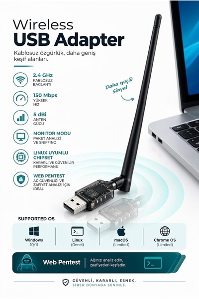 GranTech WiFi Adaptör Monitor Mode Destekli Kali Linux Parrot OS Uyumlu Siber...