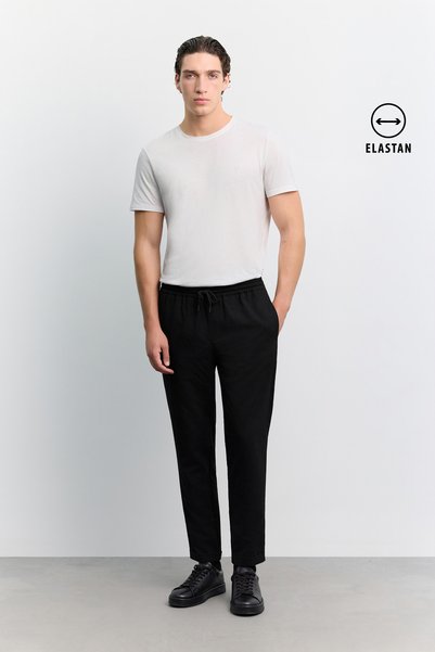 Avva Erkek Siyah Beli Lastikli Bağcıklı Duble Paça Jogger Relaxed Fit Pantolo...