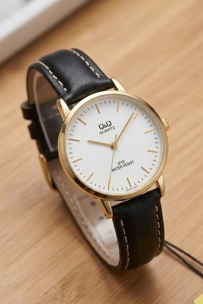 Q&Q White Striped Dial Gold Black Leather Strap Minimal Classic Women's Wrist...