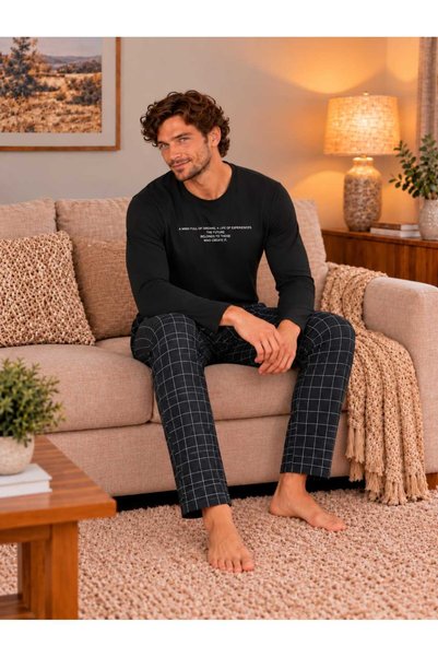 Sude HOMEWEAR طقم بيجامة رجالي بأكمام طويلة ولون أسود منقوش