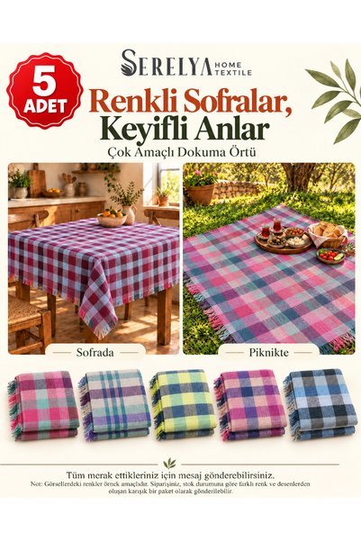 serelya Ekose Çok Amaçlı Sofra Bezi & Piknik Örtüsü & Masa Örtüsü Ekose Pötik...