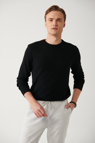 Avva Men's Black Crew Neck Patterned Wool Knitwear Sweater A32Y5188