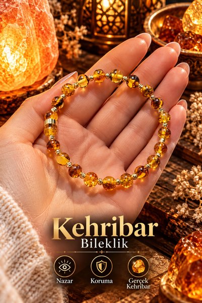 NBS Beautiful Naturel Stones Kehribar Gerçek Bileklik Zarif 6 mm ( % 100 Gerç...