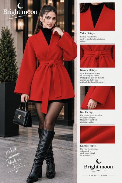 bright moon Women's Belted Stylish and Modern Cut Seasonal Jacket