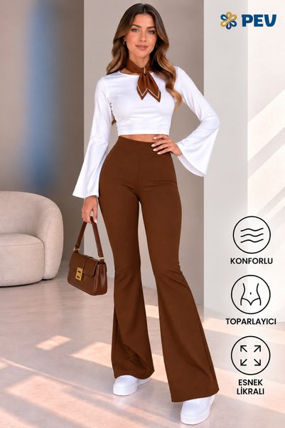 CNRCollection Kadın Kahverengi Esnek Likralı Yüksek İç Göstermez Krep Kumaş T...