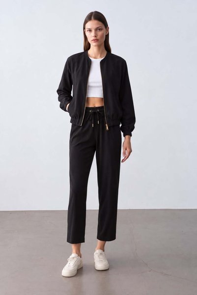 Maldia Shop Jachetă cu fermoar pentru femei, pantaloni, fund-top, set negru