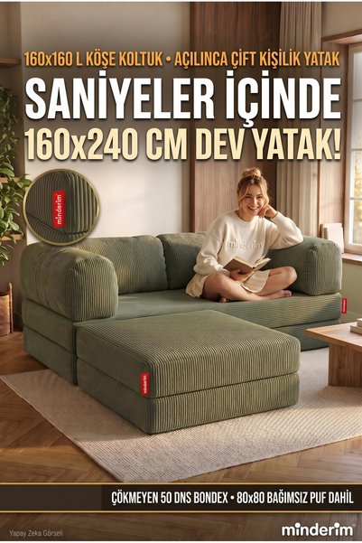 Minderim PİXEL Modüler Köşe Takımı | Yataklı L Koltuk | Fitilli Kadife | 50 D...