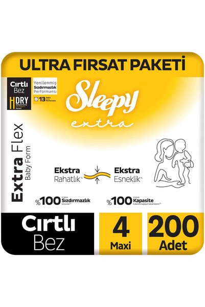 Sleepy Extra Flex Ultra Fırsat Paketi Bebek Bezi 4 Numara Maxi 200 Adet