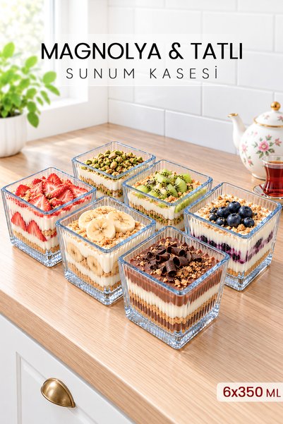 naturelove 6’lı Çizgili Cam Magnolia Kase Seti Dekoratif Kare Cheesecake Tatl...