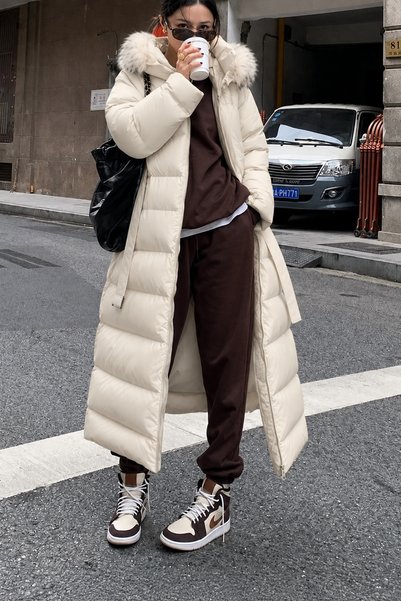 Raben Women's Fur-Trimmed, Hooded, Belted, Zipper-Front Maxi-Length Puffer Coat