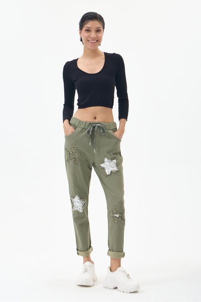 della moor Women's Italian Star D Patterned Sequined Elastic Waist Lace-Up L ...