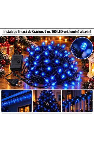 OEM Instalație liniară de Crăciun, 100 LED-uri albastre, 9 m, fir negru, inte...