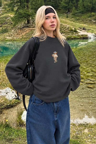The Champ Clothing Women's Relaxed Fit Sweatshirt Coffee Bear Printed Smoked ...