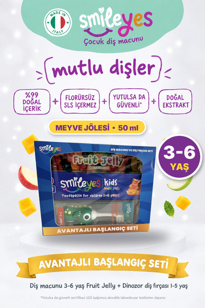 Smile yes 1-5 Yaş Çocuk Diş Fırçası Yeşil Dinozor Figürlü + 3-6 Yaş Florürsüz...