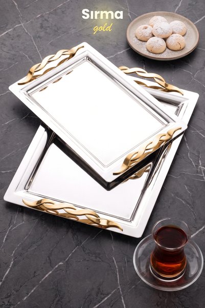 ÖZBURAK Mercan Sırma Gold 2-Piece Catering Serving and Tea Tray