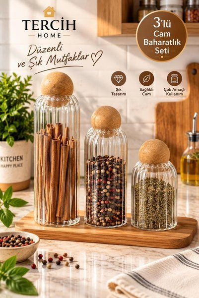 Tercih Home 3'lü Ahşap Top Kapaklı Cam Kavanoz Seti Şekerlik Çerezlik Baharat...
