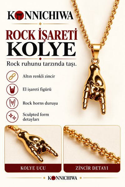 FG KONNİCHİWA Rock & Roll Devil Horn Gold Color Necklace – Rock Hand Sign Fig...
