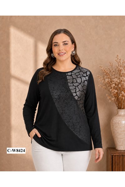 TUSSE Women's Elegant Broken Glass Leather Piped Viscose Plus Size Blouse