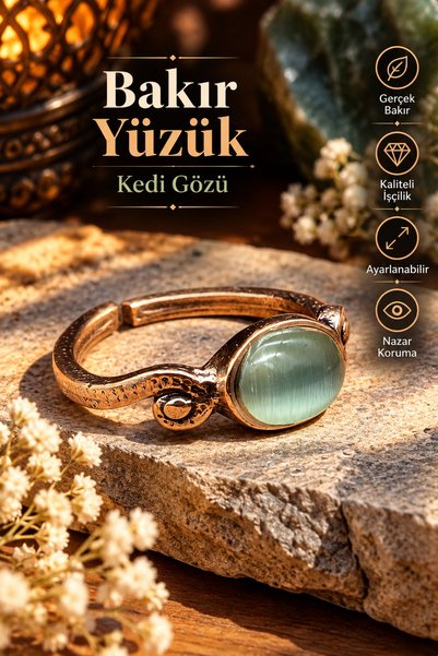 NBS Beautiful Naturel Stones Saf Bakır Kadın Yeşil Yüzük Ayarlanabilir Trend ...