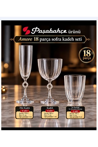 Paşabahçe Amore Glass Set, 18-Piece Set of Flute-Shaped Soft Drink Glasses