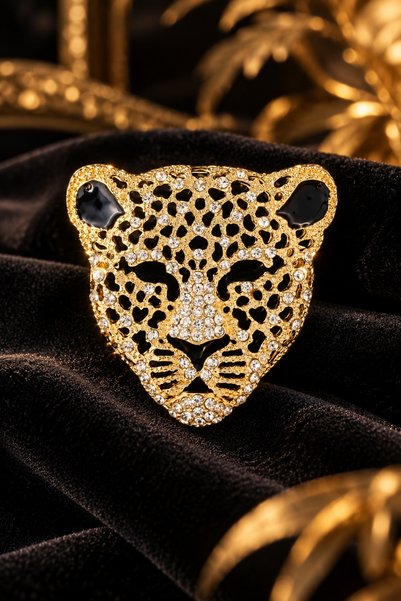EFEAKS Altın Renk Zirkon Taşlı Siyah Renk Mineli Unisex Tasarım Leopar Broş