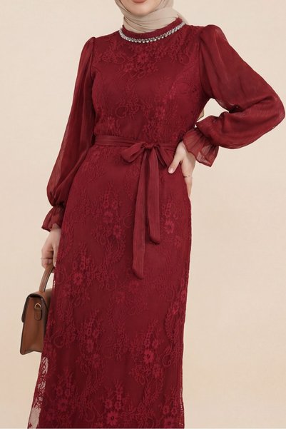 HİJABAYA High Collar Sleeves Janjan Chiffon Belted Long Sleeve Maxi Hijab Lac...