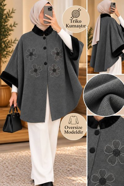 Genel Markalar NOVEA SCARF ÇİÇEK DESENLİ KÜRKLÜ TRİKO PANÇO