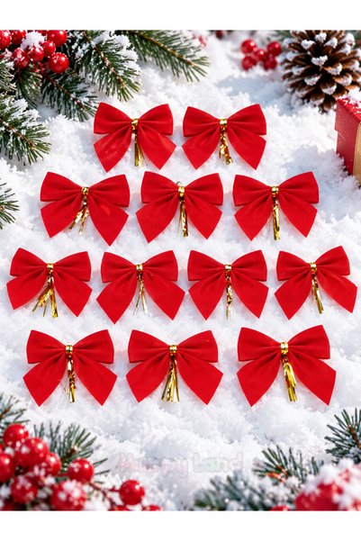 Happyland Christmas Tree Ornament, Velvet Red Bow, Set of 12, 5cm.