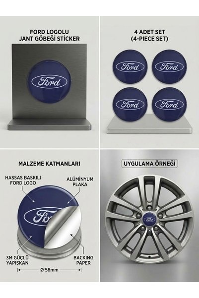 MemoDigital Ford Logolu Alüminyum Jant Göbeği Arması Sticker 56mm - 4 Adet