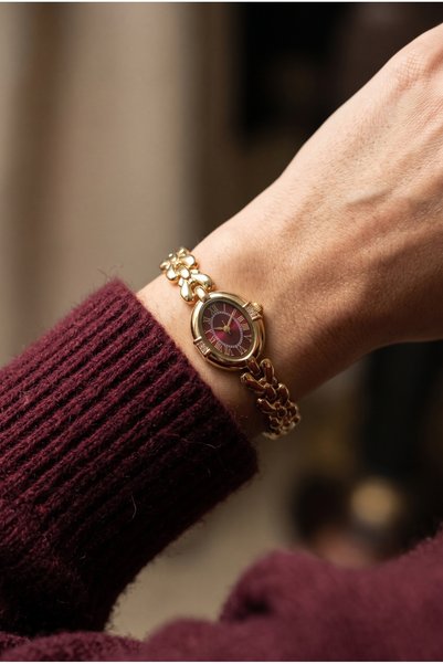 KLISHE Butik Kadın Çelik Saat Gold Renk Bordo Kadran | Roma Rakamlı Vintage Z...