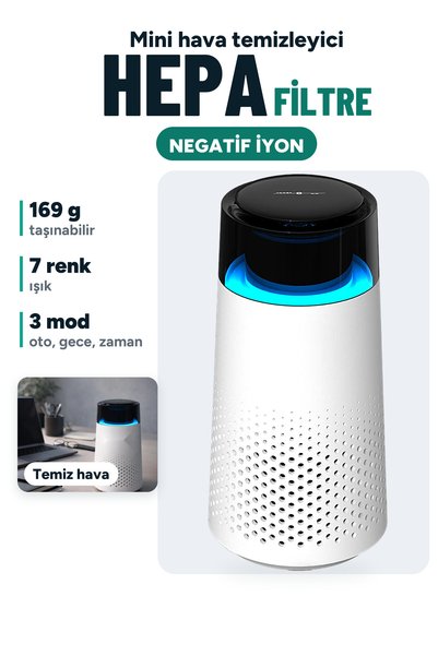 BİGABE Taşınabilir Mini Hava Temizleyici HEPA Filtreli Negatif İyonlu 7 Renk Işıklı Sessiz Zamanlayıcılı Type-C Şarjlı