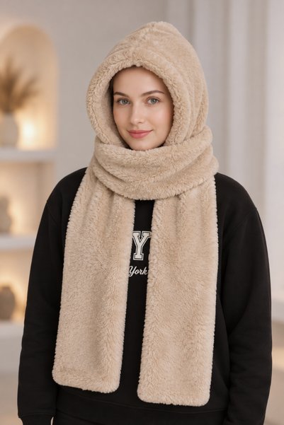 Homy Life Kore Tarzı Peluş Kapüşonlu Atkı Boyunluk -Rüzgar Geçirmez Şapka Ber...