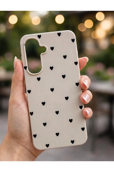 Samsung Galaxy A16 Uyumlu Lansman Krem Siyah Kalp Desenli Telefon Kılıfı – Şık ve Zarif Tasarım