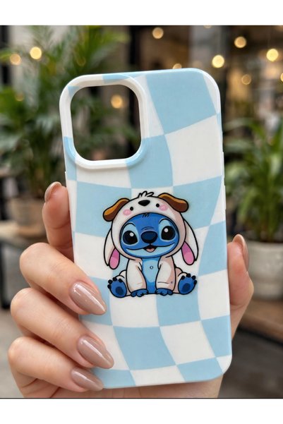 iPhone 15 Uyumlu Kareli Stitch Figürlü Lansman Telefon Kılıfı – Zarif ve Şık Tasarım