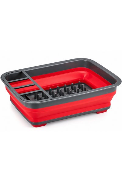NO BRAND Scurgător Vase Pliabil Roșu/Gri cu Suport Tacâmuri – Suport Uscare V...