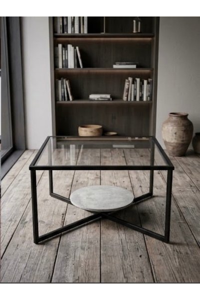 IN HOME STORE طاولة قهوة مربعة عصرية بسطح زجاجي وقاعدة دائرية