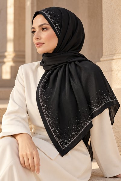 mim eşarp Medine İpeği Abiye Taşlı Eşarp – 110x110 cm - Siyah