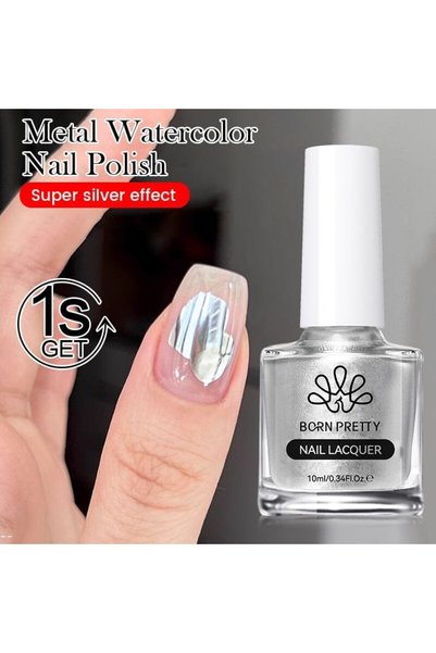 Born Pretty Metal Silver Watercolor Nail Polish/Metalik Gümüş Su Bazlı Nail A...